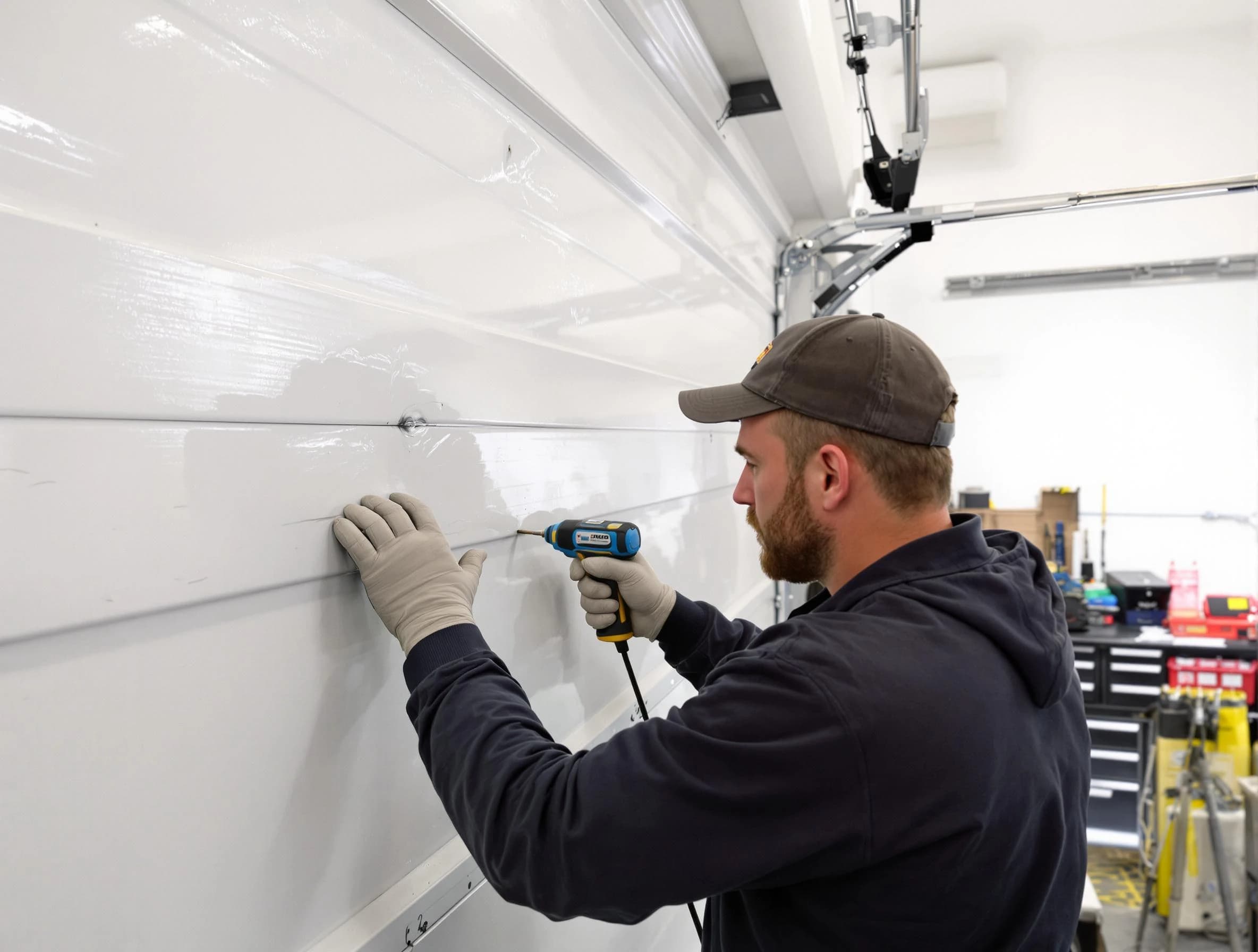 Argo Garage Door Repair technician demonstrating precision dent removal techniques on a Argo garage door